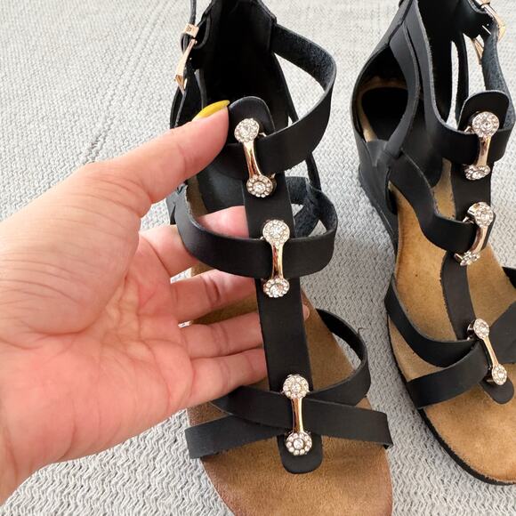 Black Rhinestone Detail Strappy Wedge Sandal - Size 8 - Picture 2 of 8